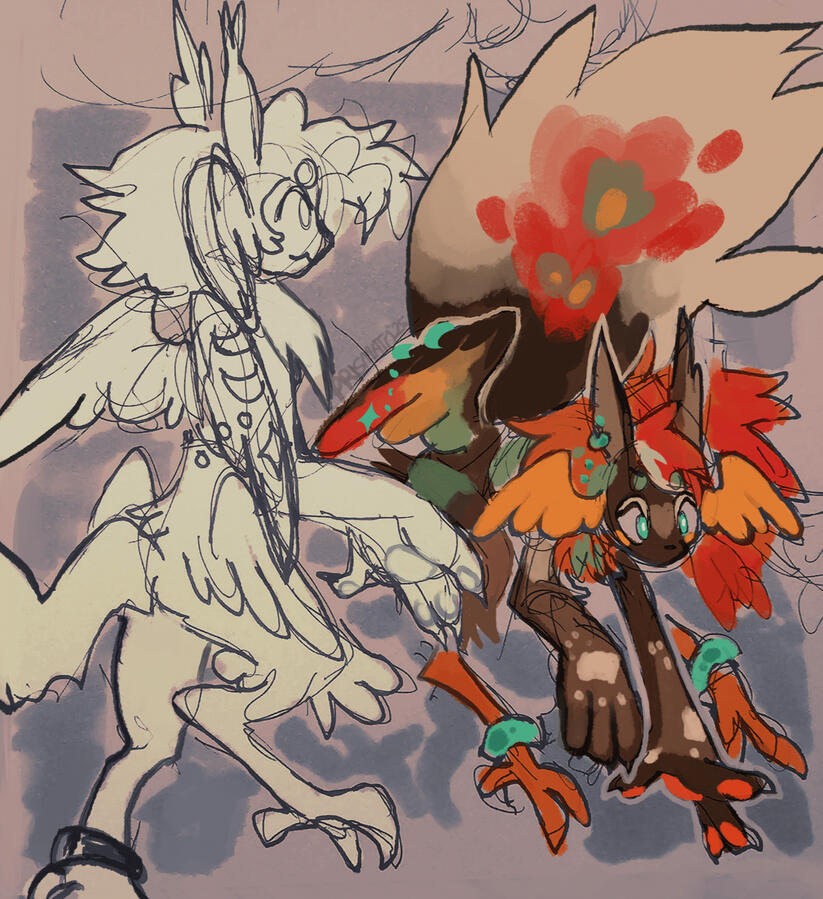 sketch page with one colored and uncolored artworks